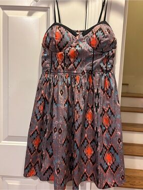 Vintage 90s Strap Sundress in Coral & Teal Aztec Print size L